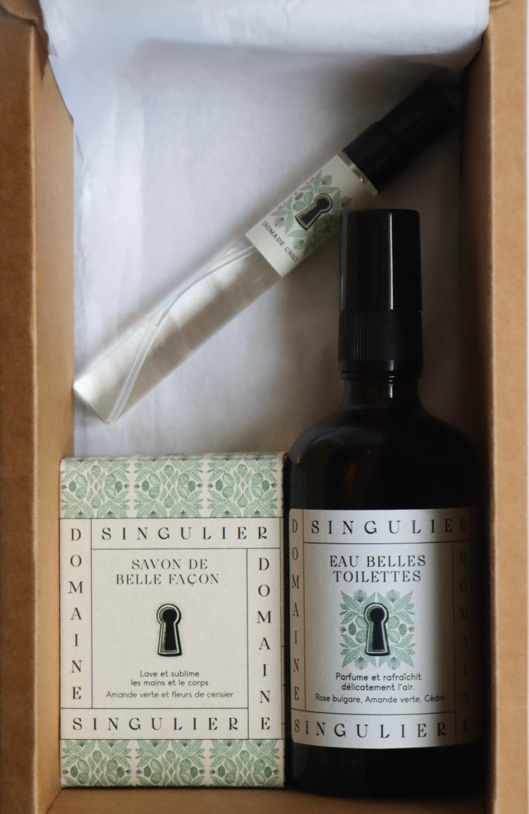 coffret cadeau rituel amande verte avec parfum d'intérieur, parfum nomade et savon Domaine Singulier