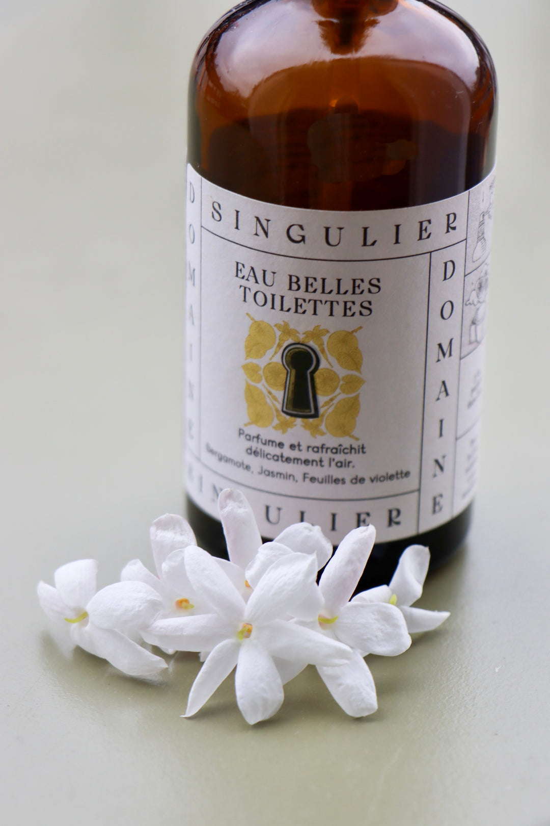 Eau Belles Toilettes de Domaine Singulier en flacon 100 ml entourée  des fleurs de jasmin fraiches et sublimement odorantes