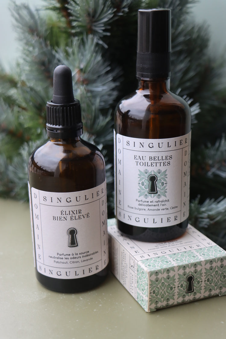 le nécessaire parfait pour la maison avec Eau Belles Toilettes amande verte, Savon de Belle Façon amande et l'Elixir Bien Elevé de Domaine Singulier 