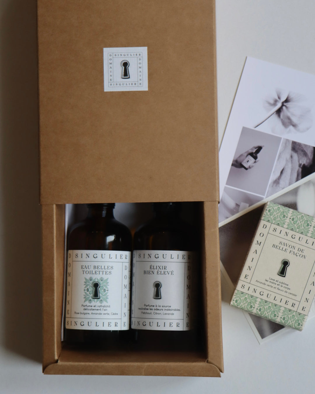 coffret rituel réconfortant contenant  Elixir Bien Elevé, le parfum d'intérieur Eau belles Toilettes et savon de belle façon amande verte